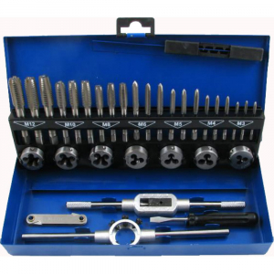 Вороток,плашкодерж-ль и по  7 к-тов из 3шт метчиков и плашек М3-М12 Р6М5 в мет. коробке (32 позиции) "CNIC" (01121)